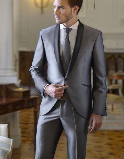 2017 Fashion Silver Grey Mens Wedding Suits Tuxedos Shawl Lapel Best
