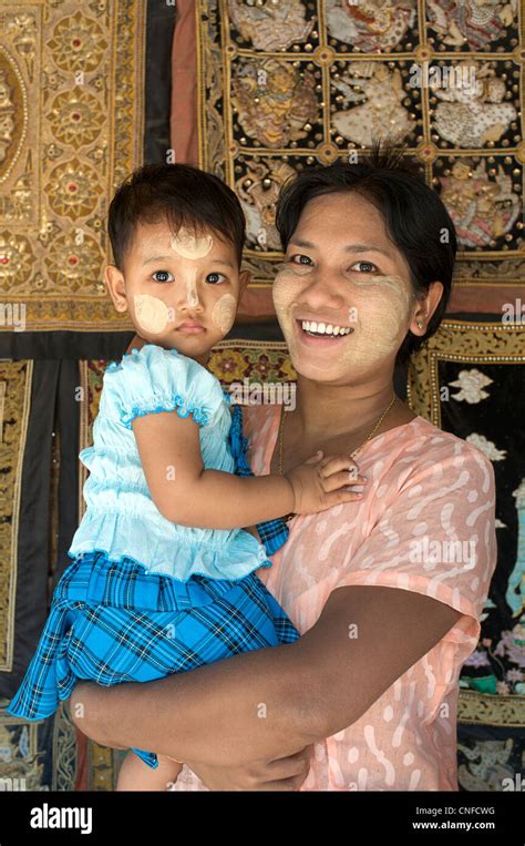 Burmese Mother And Child Mandalay Burma Myanmar Child With Thanaka