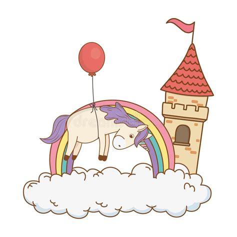 Unicorn With Castle And Rainbow In The Clouds Stock Vector