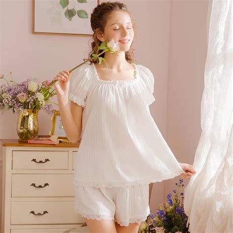 Woman Cotton Short Sleeve Summer Sweet Lovely Princess Pajamas Vintage Sleepwear Set Sleepwear
