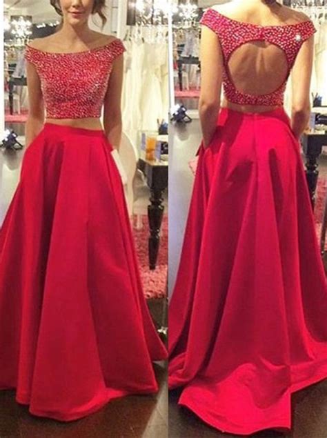 Two Piece Red Prom Dressa Line Off The Shoulder Prom Dresssatin Sweep