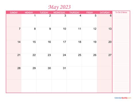 May Calendar 2023 With Notes Calendar Quickly