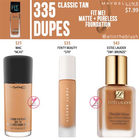 Maybelline 335 Classic Tan Fit Me Matte Poreless Foundation Dupes