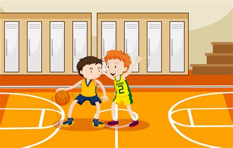 Two Boys Playing Basketball In The Gym Download Free