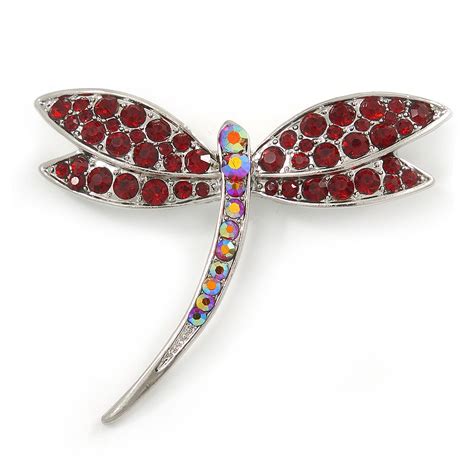 Buy Avalaya Classic Burgundy Red Crystal Dragonfly Brooch In Rhodium