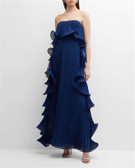 Badgley Mischka Collection Strapless Pleated Ruffle Gown Neiman Marcus