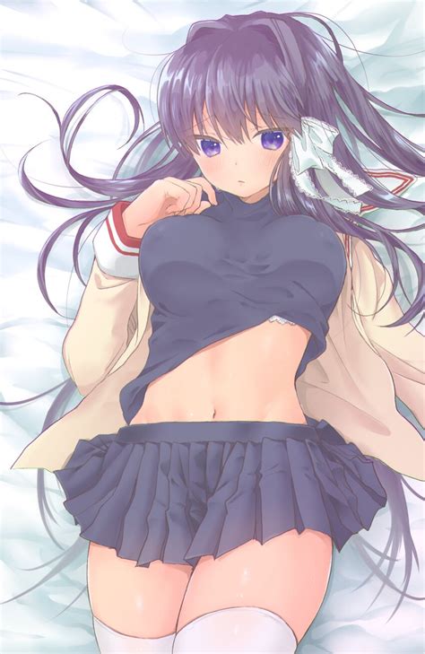 fujibayashi kyou clannad commentary request highres 1girl bed sheet blue shirt blue skirt