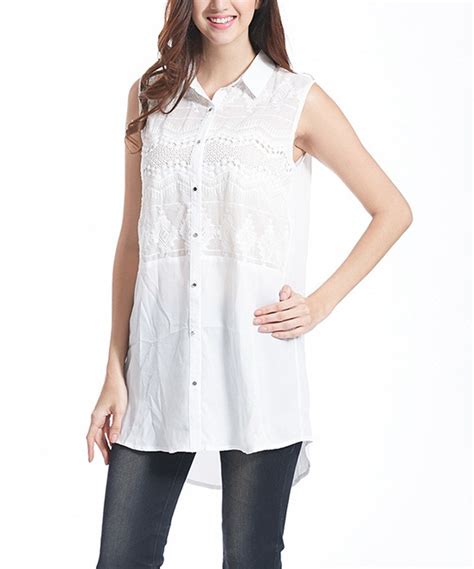 This Simply Couture White Crochet Accent Hi Low Tunic By Simply Couture