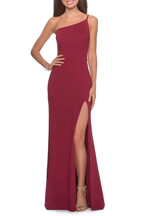 La Femme Synthetic One Shoulder Jersey Column Gown With Skirt Slit In