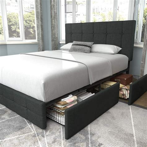 Amolife Queen Size Platform Bed Frame With Headboard And 4 Storage Drawers Dark Grey Walmart
