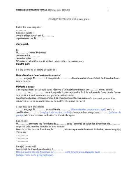 Modelé De Contrat De Travail Cdi Temps Plein France Doc Pdf Page