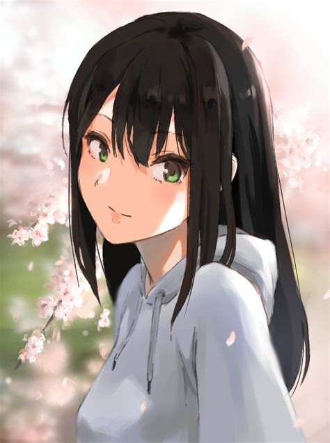 Safebooru 1girl Bangs Black Hair Blurry Blurry Background Cherry Blossoms Closed Mouth