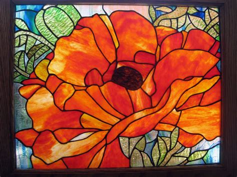 Poppy With Bud With A Solid Oak Wood Frame Stained Glass Flowers Stained Glass Stained Glass