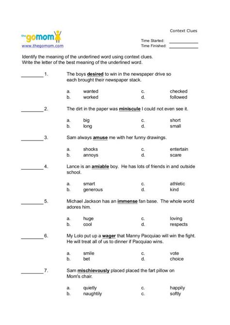 Context Clues Multiple Choice Worksheet Pdf