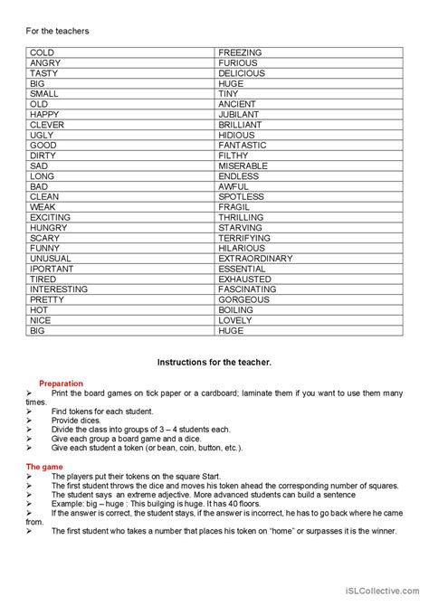 Board Game Extreme Adjectives Boar English Esl Worksheets Pdf And Doc