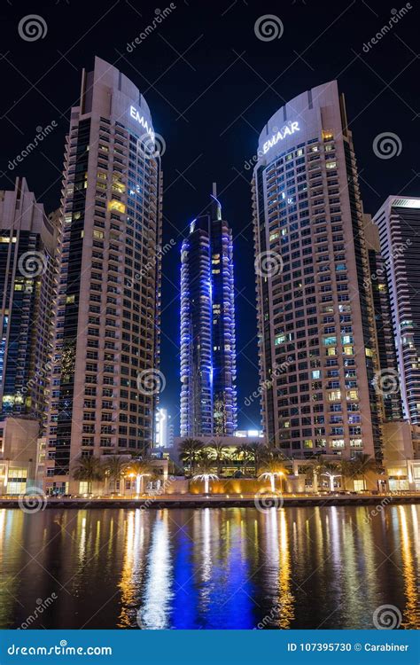 Modern Buildings In District Area Dubai Marina At Night Uae Editorial
