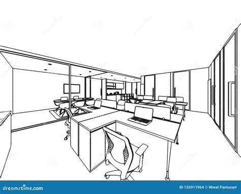 Interior Outline Sketch Drawing Perspective Office Stock Vector