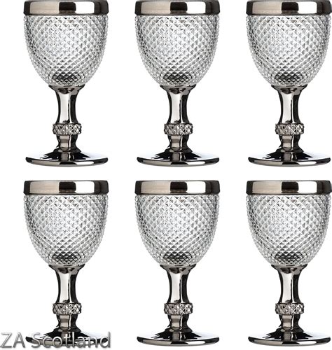 Amazing New Style Set Of 6 Wine Glass Silver Rimmed Clear Diamond Drinking Glass Uk