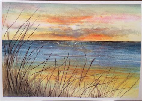 Sunset Ocean Scene Beach Watercolor Card Item Ls26 Beach