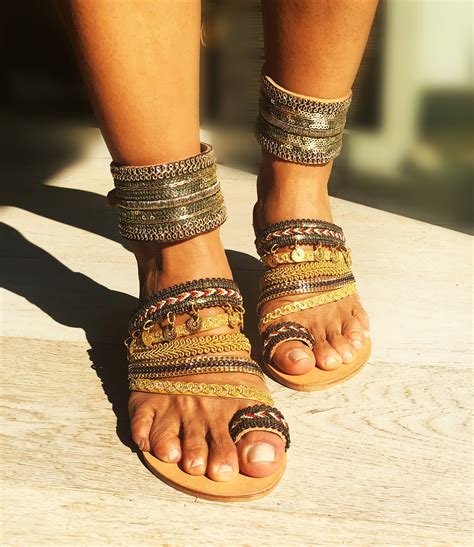 Boho Greek Leather Sandals Handmade To Order Flats Embellished And Luxurious “grace” Sandals