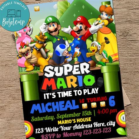Super Mario Birthday Party Editable Invitation Bobotemp