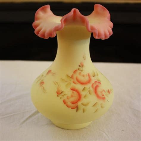 Vintage Fenton Roses On Burmese Vase 7252 Rb Hand Painted And Signed Etsy