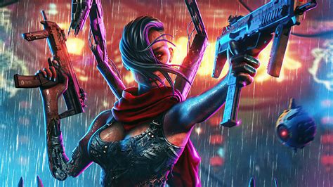 1920x1080 cyberpunk girl with two guns 4k laptop full hd 1080p hd 4k wallpapers images