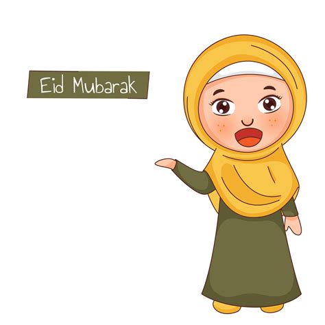 Cartoon Islamic Girl Saying Eid Mubarak On White Background 20742530