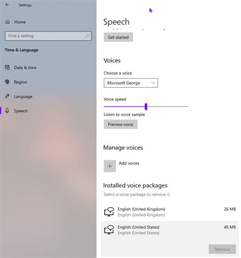 Voice Packs In Speech Settings In Windows 10 Removing Greyed Out