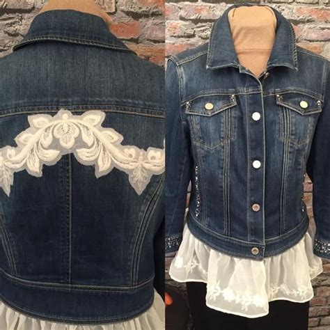 Denim Jacket Embellished With Lace Peplum And Studs Size Etsy In 2021