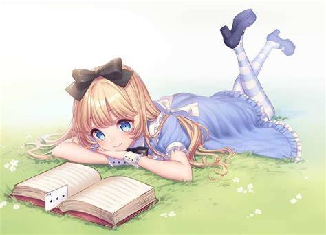 【在线壁纸】图片描述 Alice In Wonderland Alice Wonderland Aqua Eyes Blonde Hair Book Bow Dress Long