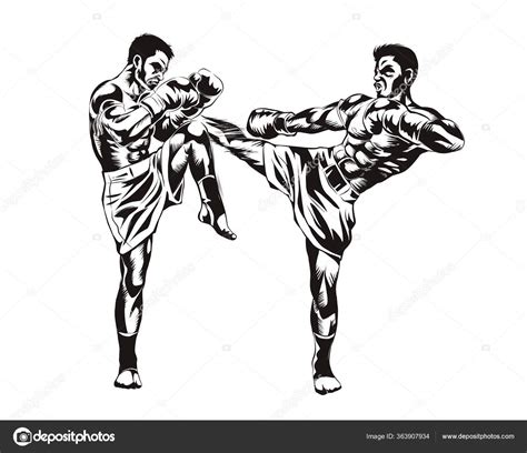 Thai Boxing Fighting Muay Thai Line Hand Drawn High Contrast Stock Vector Image By ©jirawatv1