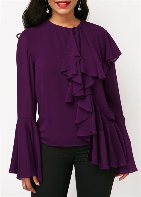 Ruffle Detail Deep Purple Flare Sleeve Chiffon Blouse Trendy Tops For