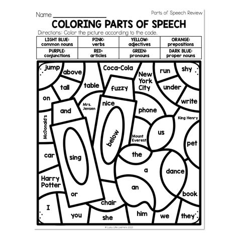 Grammar Worksheets Parts Of Speech Review Coloring Parts Of Speech