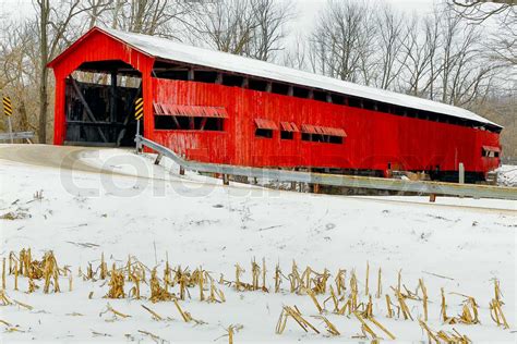 Red Covered Bridge Midwinter Stock Image Colourbox