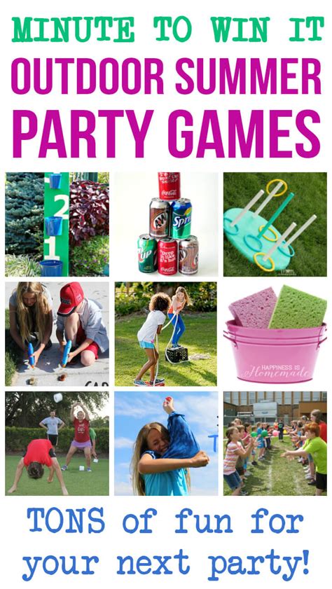 Also, keep a few props like wigs, masks, hats, etc., which the kids can use to make funny pics. Minute to Win It Outdoor Summer Party Games - Happiness is ...