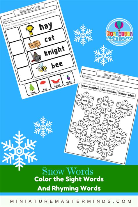 Our printable rhyming words worksheets, which seek to reinforce the unique foundational skill as set out by the common core state standards, are fully equipped to help students of kindergarten, grade 1, grade 2, and grade 3 recognize and produce rhyming words. Snow Words 2 Printable First Grade Worksheets Color the ...