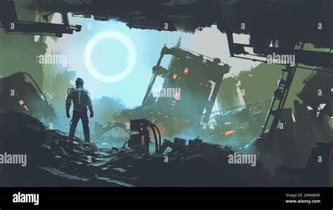 A Dystopian Scene Showing A Futuristic Man Stands In The Ruined City