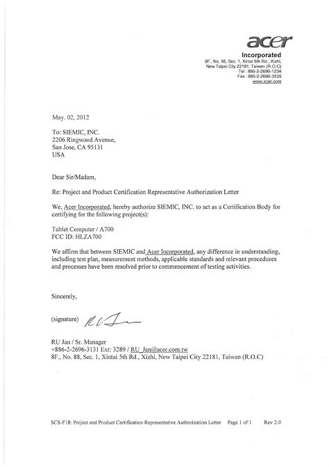 A700 Tablet Computer Cover Letter Authorization Letter Acer Orporated