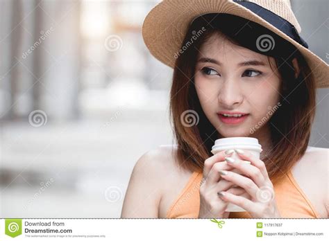 Young Asian Woman Feeling Happy Holding Coffee Cup Stock Image Image