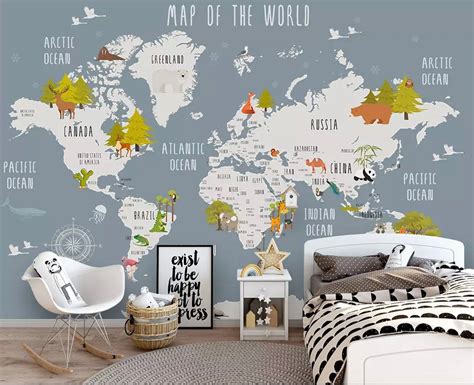 Kids World Map Wallpaper Nursery Animal Map Wall Murals