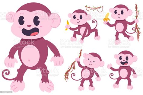 Cute Monkeys Vector Cartoon Characters Set Isolated On White Background