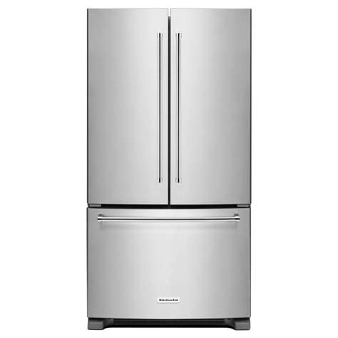 On the bottom of the unit's base, adjacent to the accessory holders. KitchenAid 20 cu. ft. French Door Refrigerator in ...