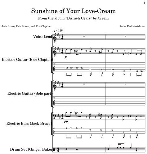 Sunshine Of Your Love Cream Sheet Music For Voice Lead Electric Guitar Electric Bass Drum Set