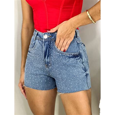 Shorts Jeans Marmorizado Cintura Alta Com Brilho Strass Shopee Brasil
