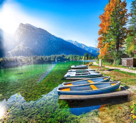Premium Photo Fantastic Autumn Morning At Hintersee Lake Few Boats On