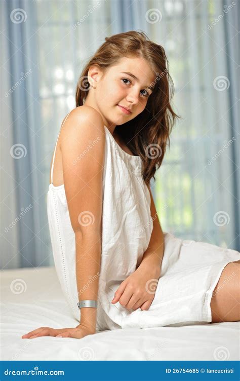 Beautiful Teen Girl At Home In White Dress Stock Image Image Of Heart