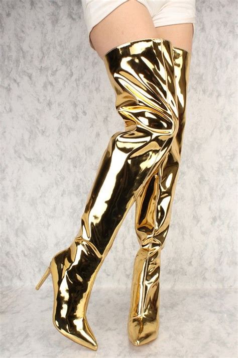 Sexy Women Shiny Golden Patent Leather Dress Boots Stiletto Heels