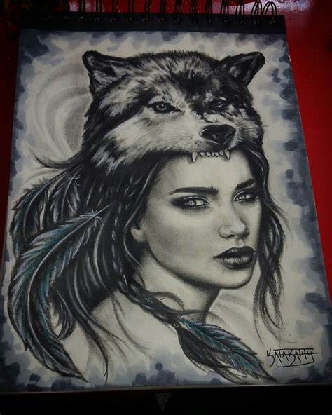 Wolf Girl Portrait Feathers Realistic Tattoo Design Portrait Girl