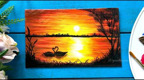 Paint a mountain sunset (for beginners): Easy Sunset Painting with Swans, Step by Step tutorial ...